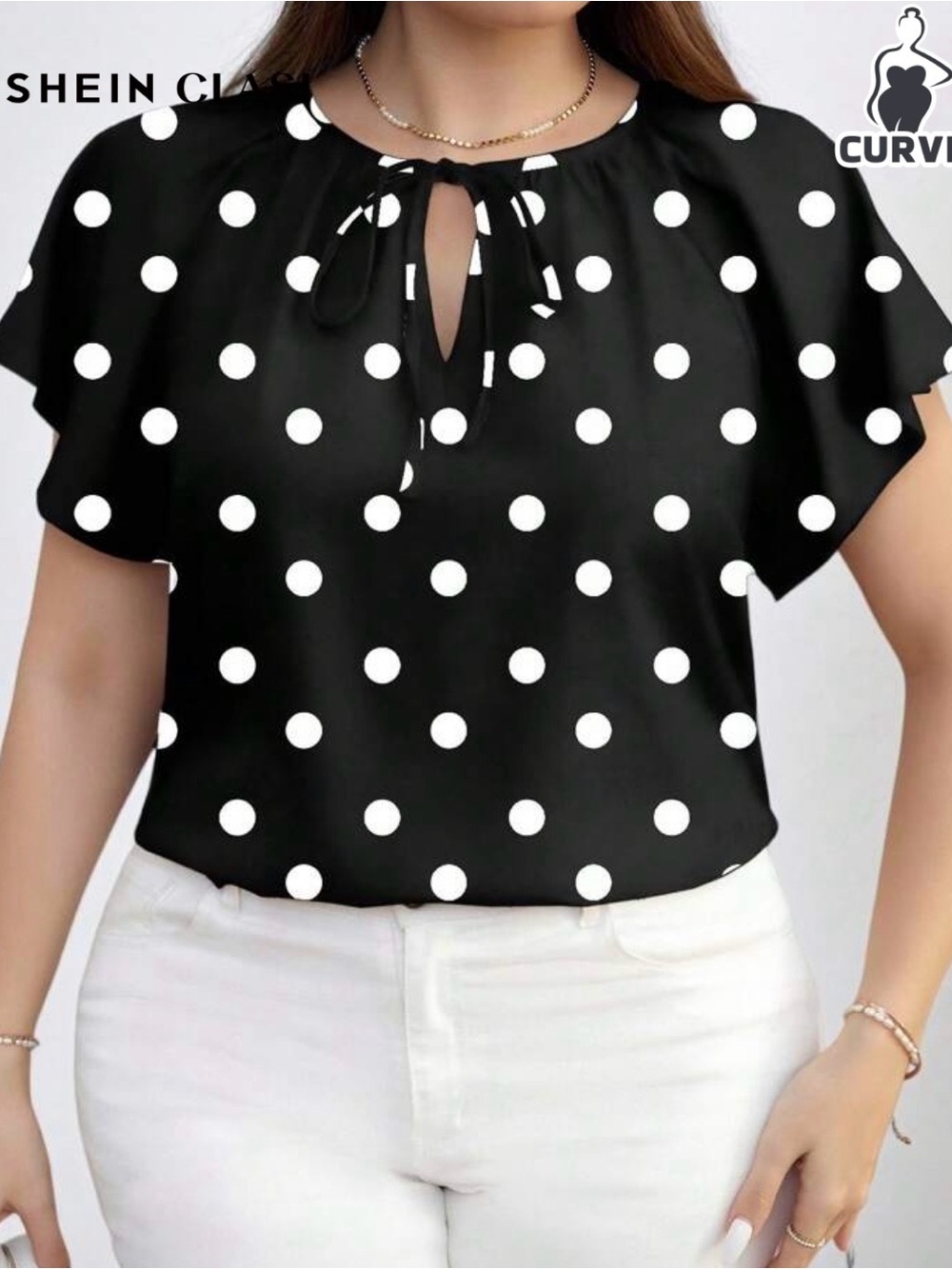 SHEIN Black & White Polka Dot Tie-Neck Blouse